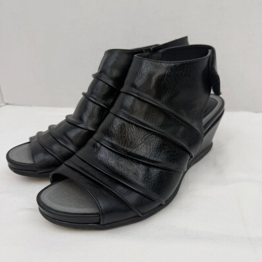 Croft & Barrow Animation Black Wedge Sandals Ortholite Pleated Womens 10 Med